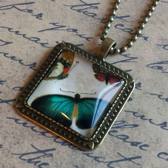 Victorian Butterflies Steampunk Square Antiqued Brass Glass 27" Long Necklace - Picture 1 of 3